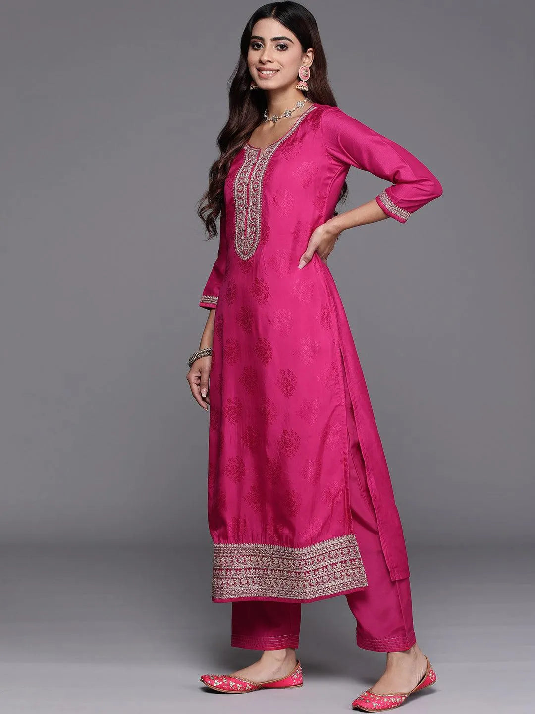 Libas Pink Yoke Design Silk Blend Straight Suit With Dupatta