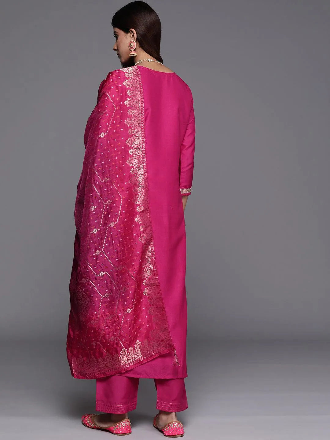 Libas Pink Yoke Design Silk Blend Straight Suit With Dupatta