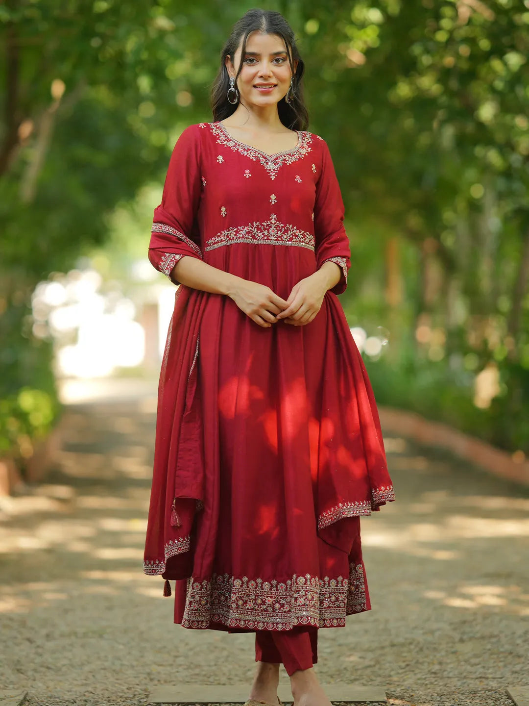 Libas Maroon Embroidered Silk Blend Anarkali Suit With Dupatta