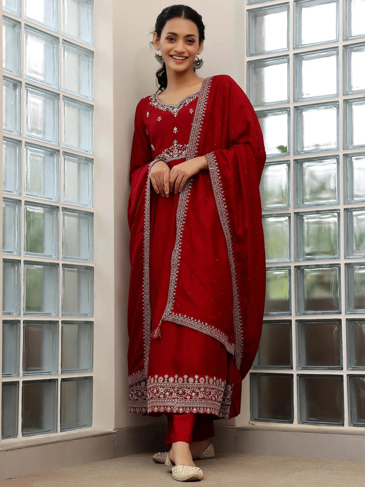Libas Maroon Embroidered Silk Blend Anarkali Suit With Dupatta