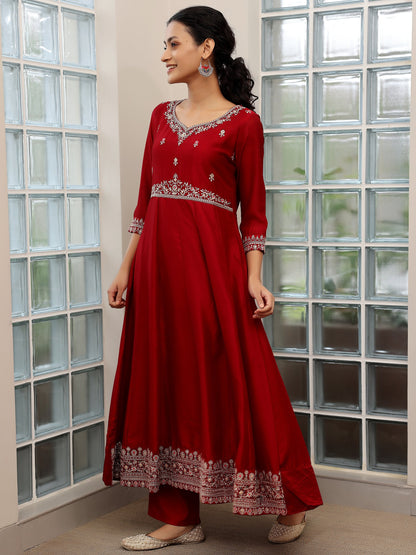 Libas Maroon Embroidered Silk Blend Anarkali Suit Set With Dupatta