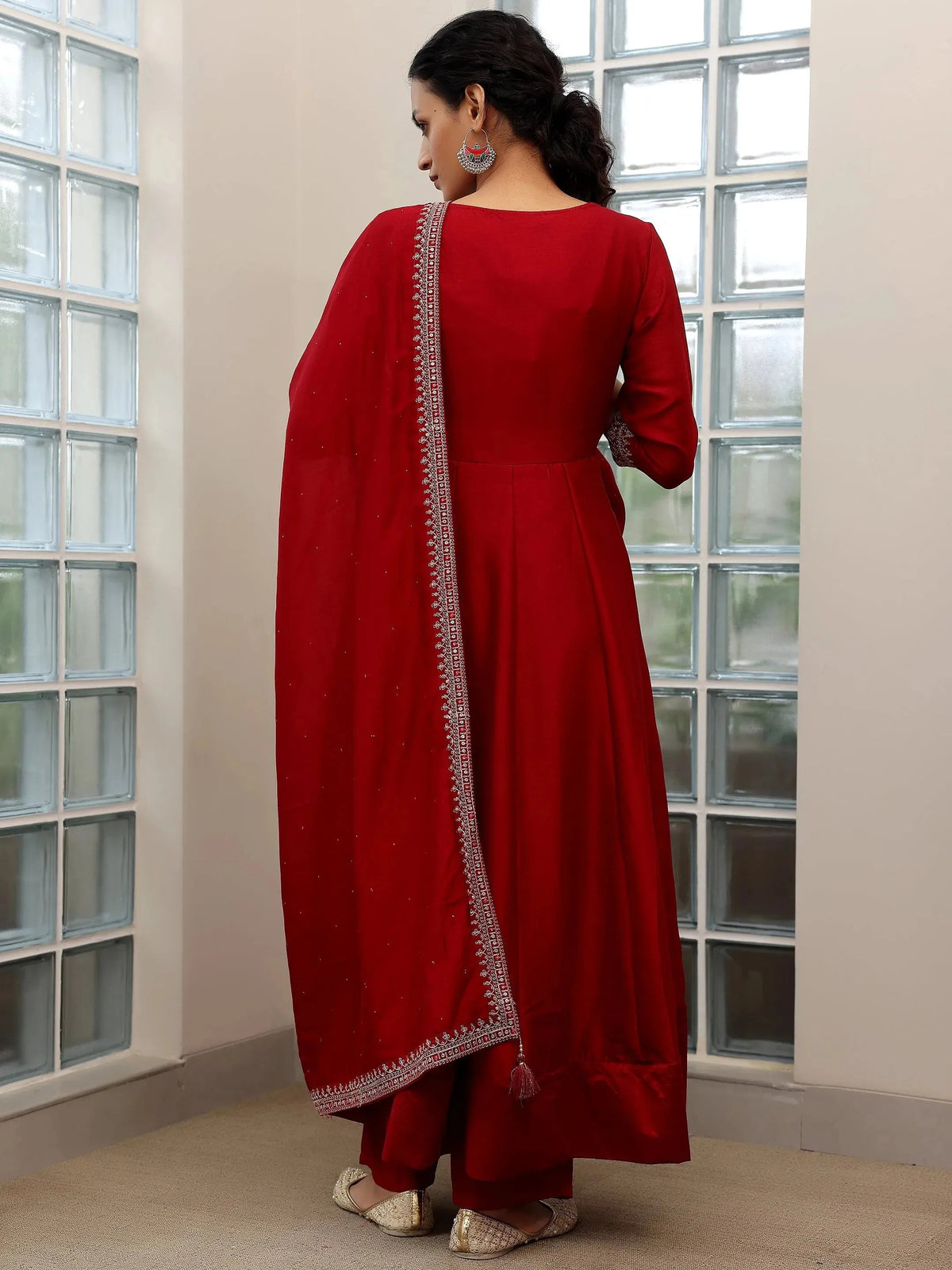 Libas Maroon Embroidered Silk Blend Anarkali Suit With Dupatta