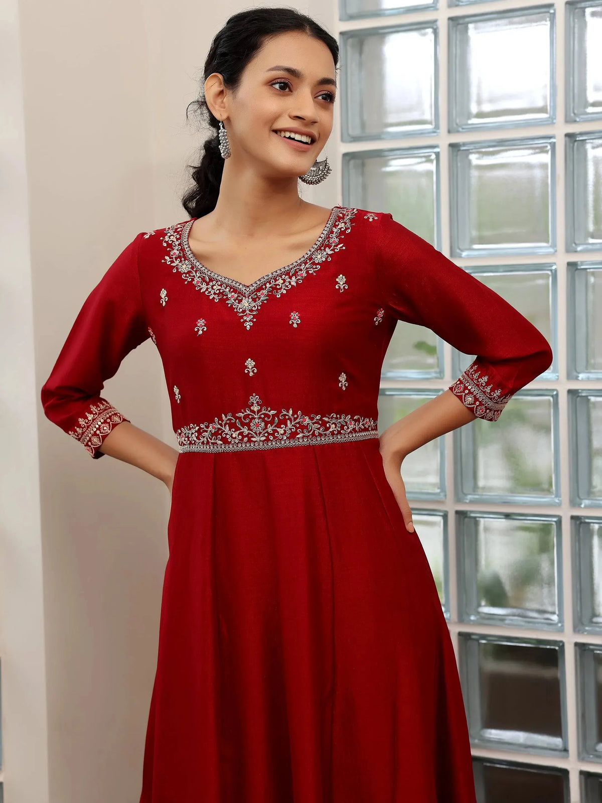 Libas Maroon Embroidered Silk Blend Anarkali Suit With Dupatta