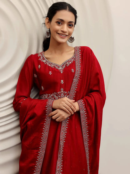 Libas Maroon Embroidered Silk Blend Anarkali Suit With Dupatta