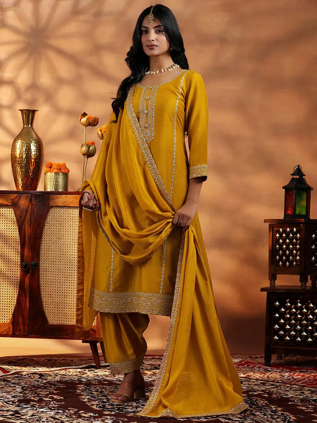Libas Mustard Embroidered Silk Blend Straight Suit With Dupatta