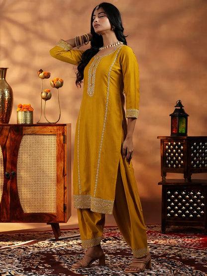 Libas Mustard Embroidered Silk Blend Straight Suit With Dupatta