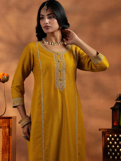 Libas Mustard Embroidered Silk Blend Straight Suit With Dupatta