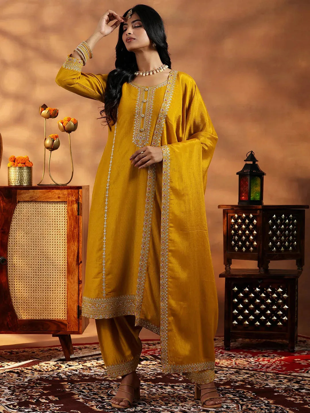 Libas Mustard Embroidered Silk Blend Straight Suit With Dupatta