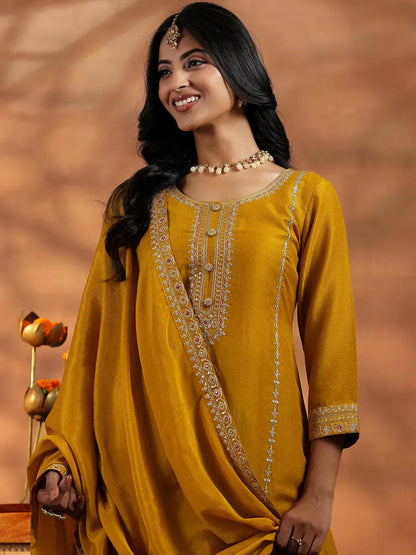 Libas Mustard Embroidered Silk Blend Straight Suit With Dupatta