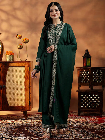 Libas Green Yoke Design Silk Blend A-Line Kurta With Palazzos & Dupatta