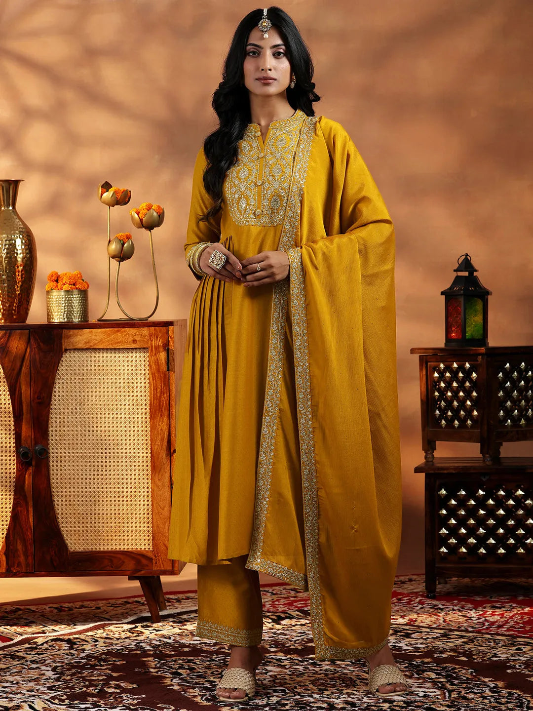 Libas Mustard Yoke Design Silk Blend A-Line Kurta With Palazzos & Dupatta
