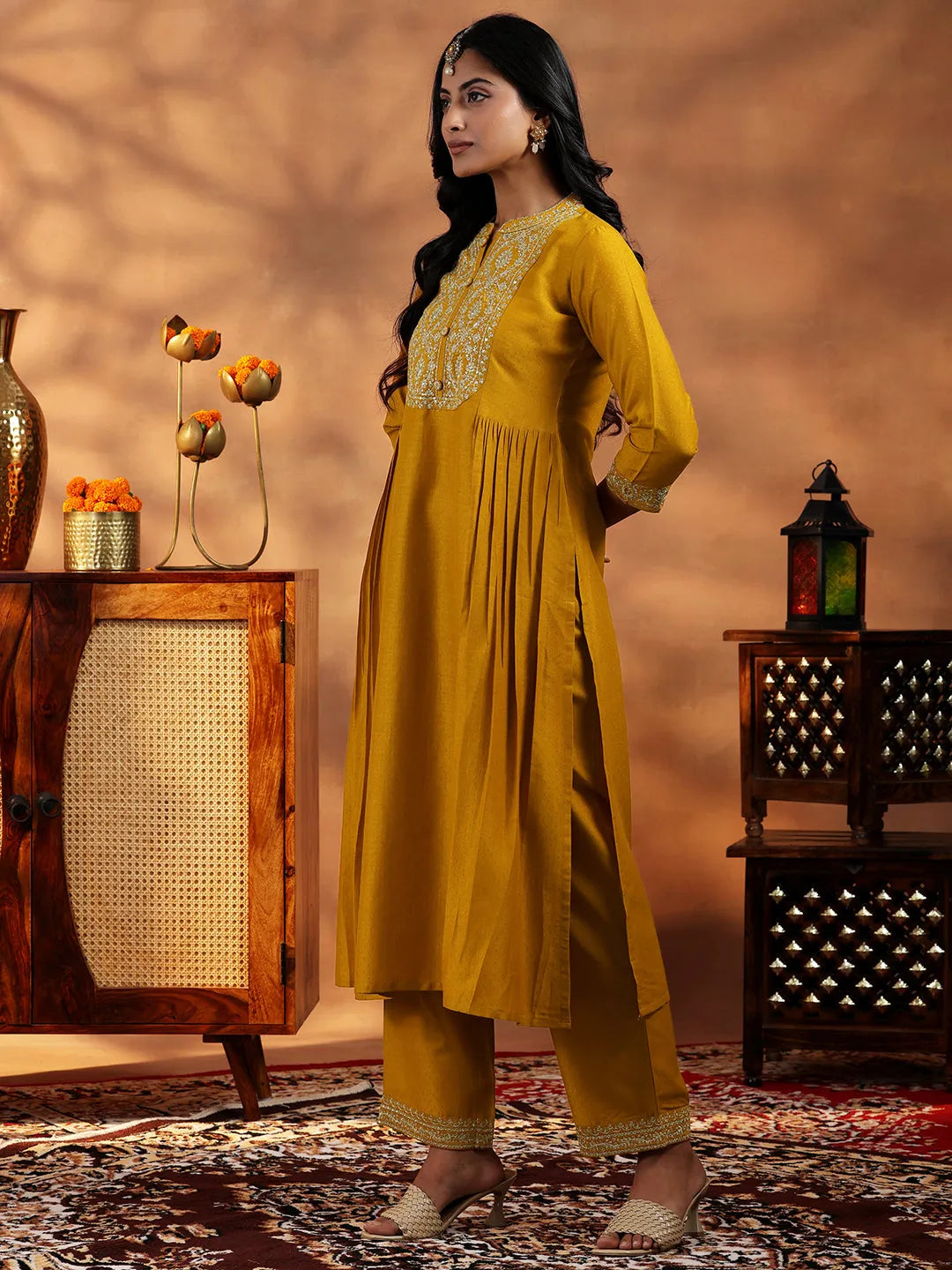 Libas Mustard Yoke Design Silk Blend A-Line Kurta With Palazzos & Dupatta