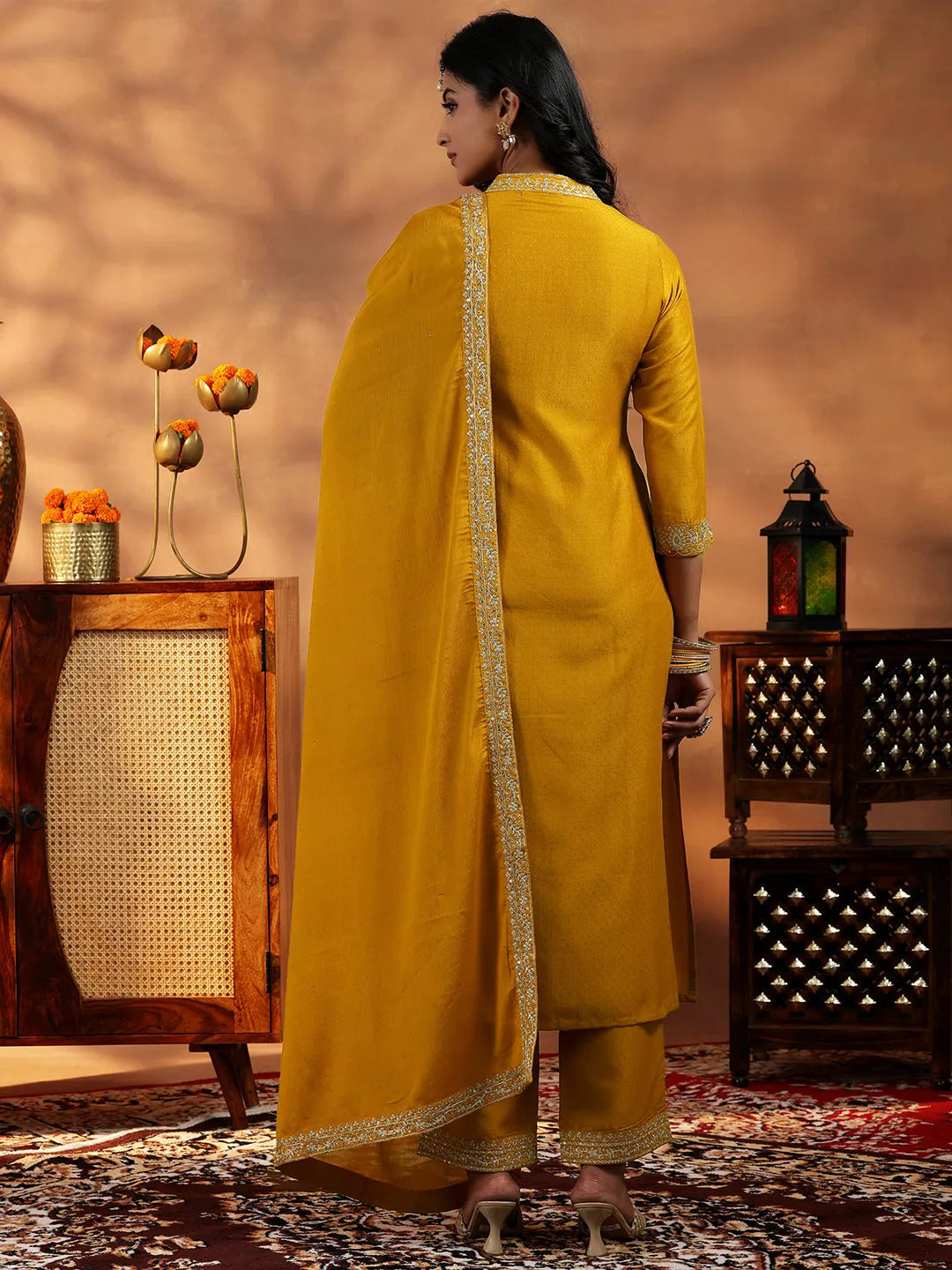 Libas Mustard Yoke Design Silk Blend A-Line Kurta With Palazzos & Dupatta