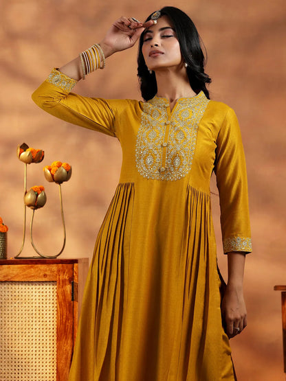 Libas Mustard Yoke Design Silk Blend A-Line Kurta With Palazzos & Dupatta