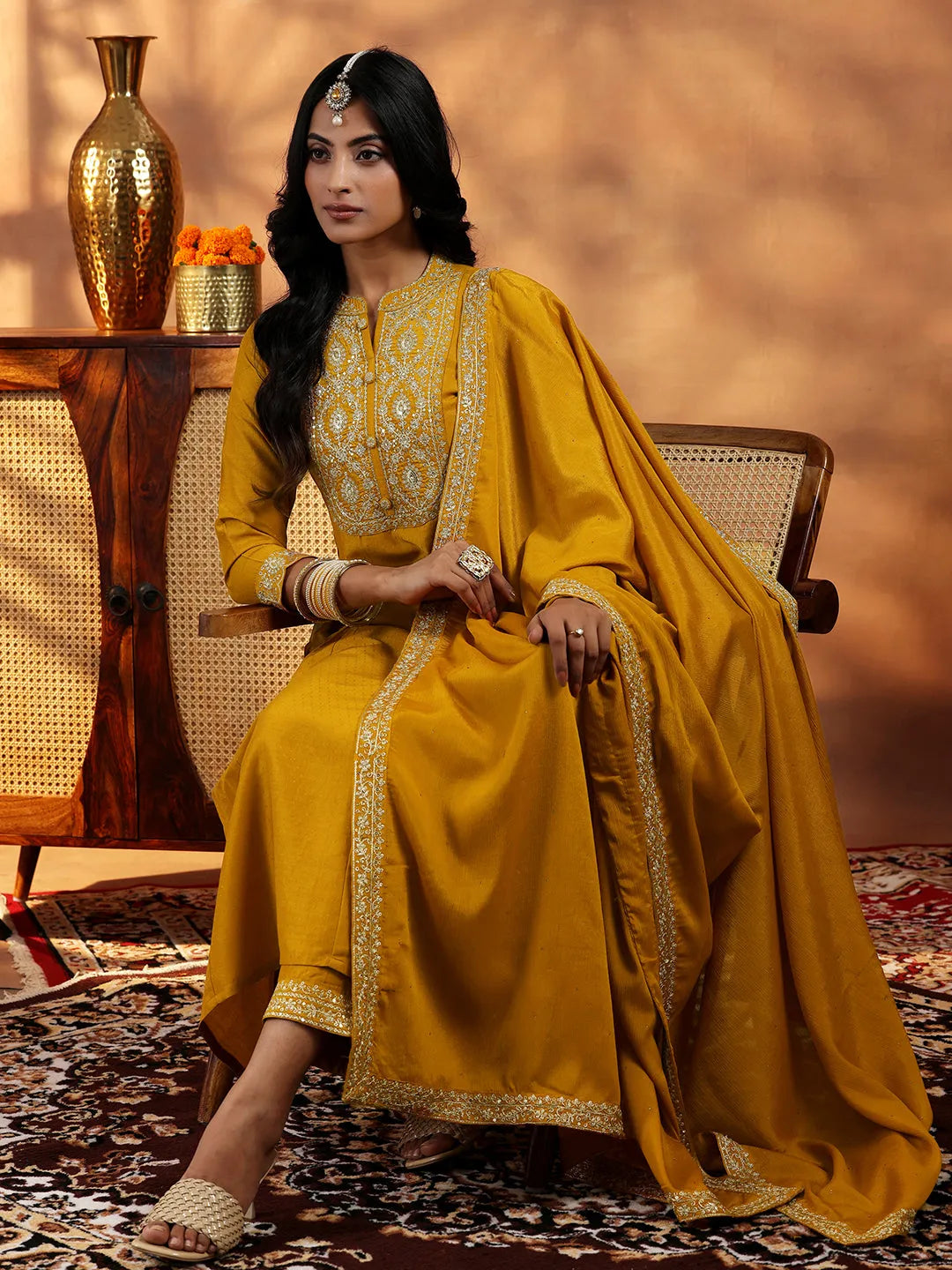 Libas Mustard Yoke Design Silk Blend A-Line Kurta With Palazzos & Dupatta
