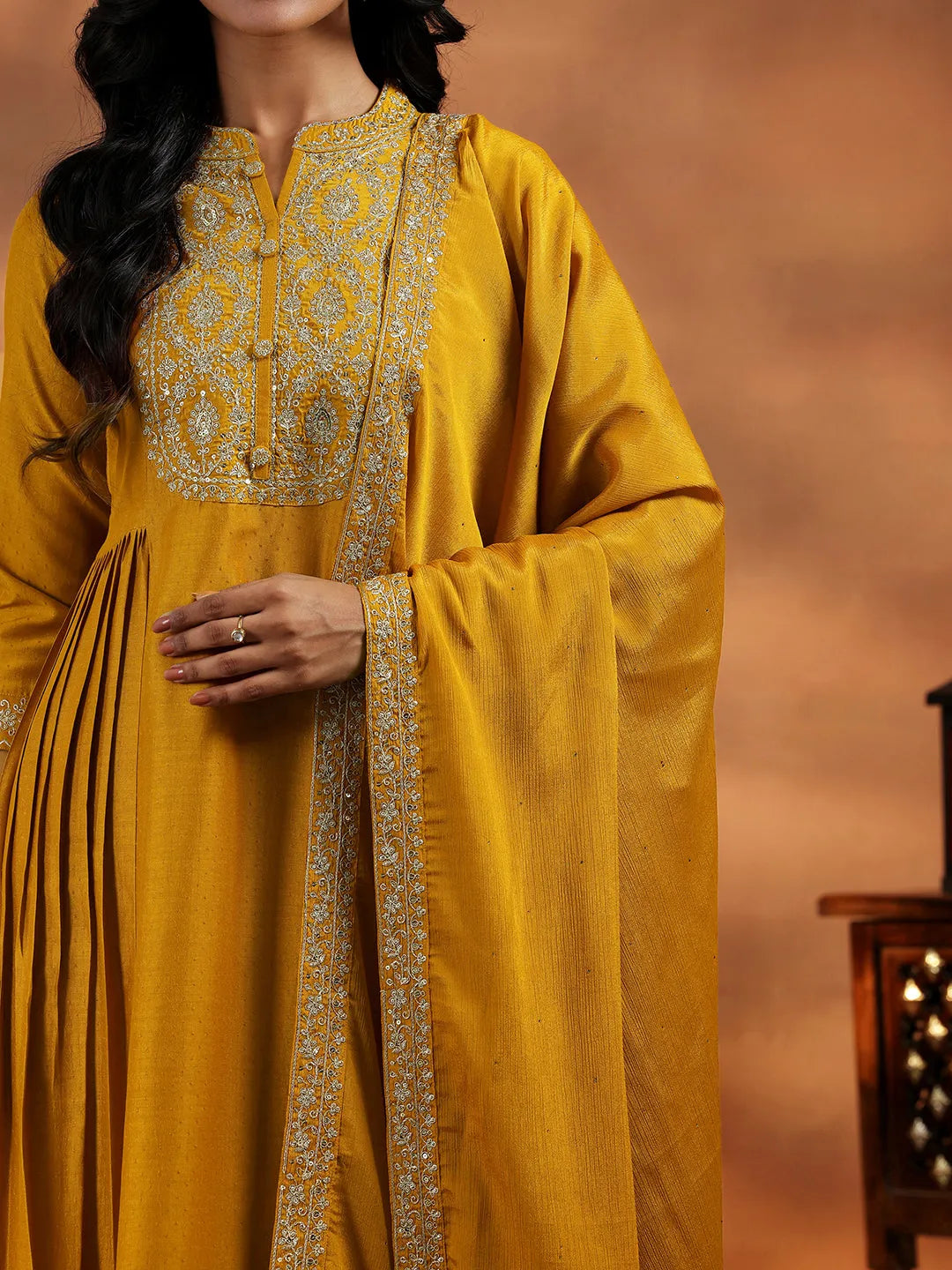 Libas Mustard Yoke Design Silk Blend A-Line Kurta With Palazzos & Dupatta