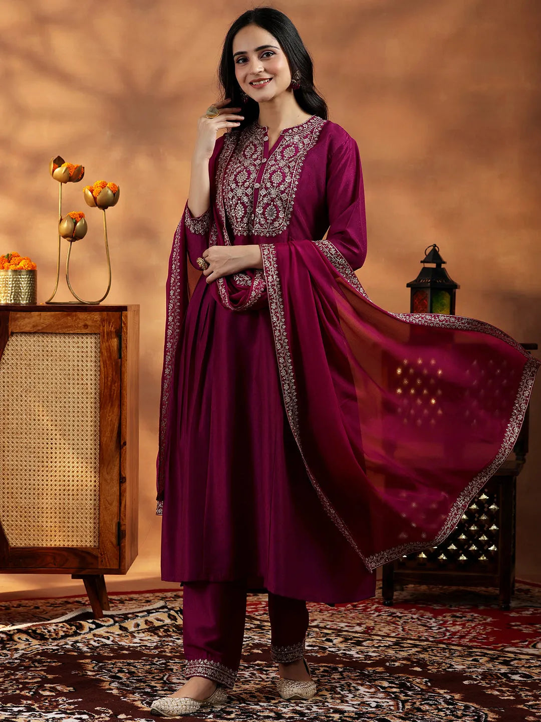Libas Maroon Yoke Design Silk Blend A-Line Kurta With Palazzos & Dupatta