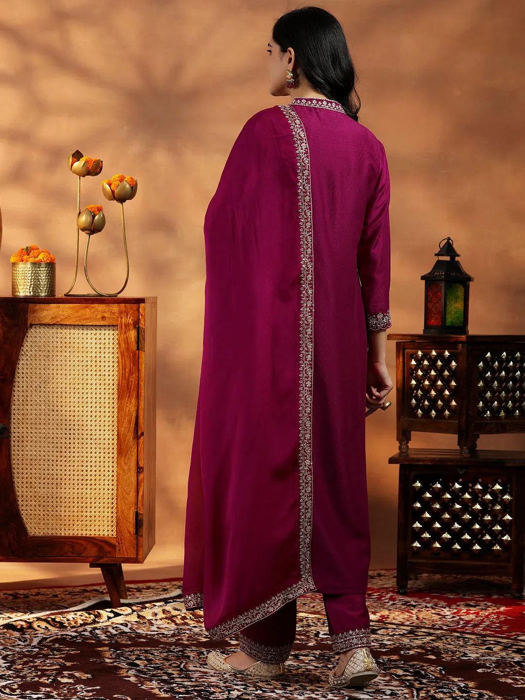 Libas Maroon Yoke Design Silk Blend A-Line Kurta With Palazzos & Dupatta