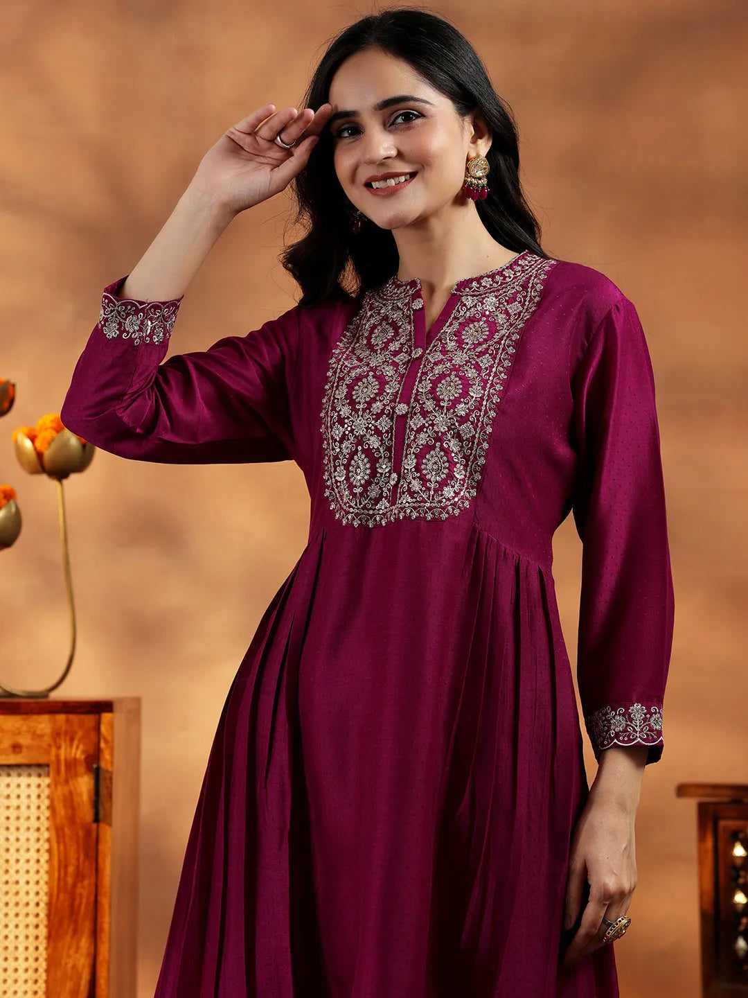 Libas Maroon Yoke Design Silk Blend A-Line Kurta With Palazzos & Dupatta