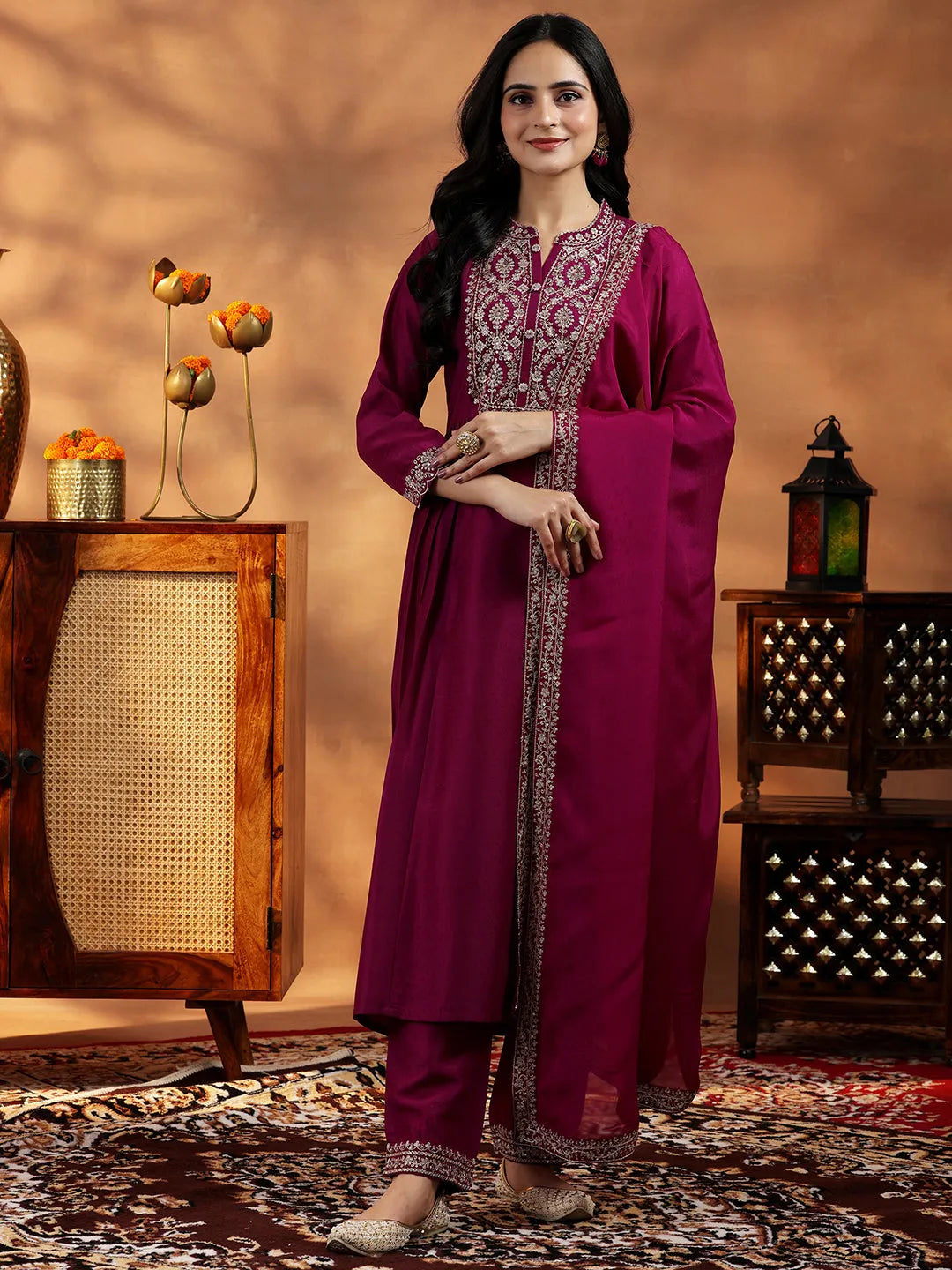 Libas Maroon Yoke Design Silk Blend A-Line Kurta With Palazzos & Dupatta