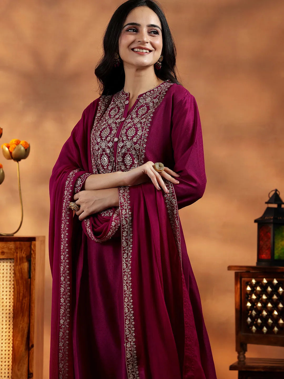 Libas Maroon Yoke Design Silk Blend A-Line Kurta With Palazzos & Dupatta
