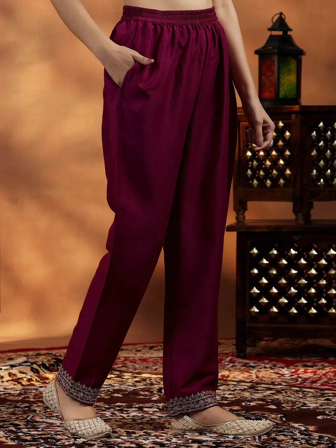 Libas Maroon Yoke Design Silk Blend A-Line Kurta With Palazzos & Dupatta