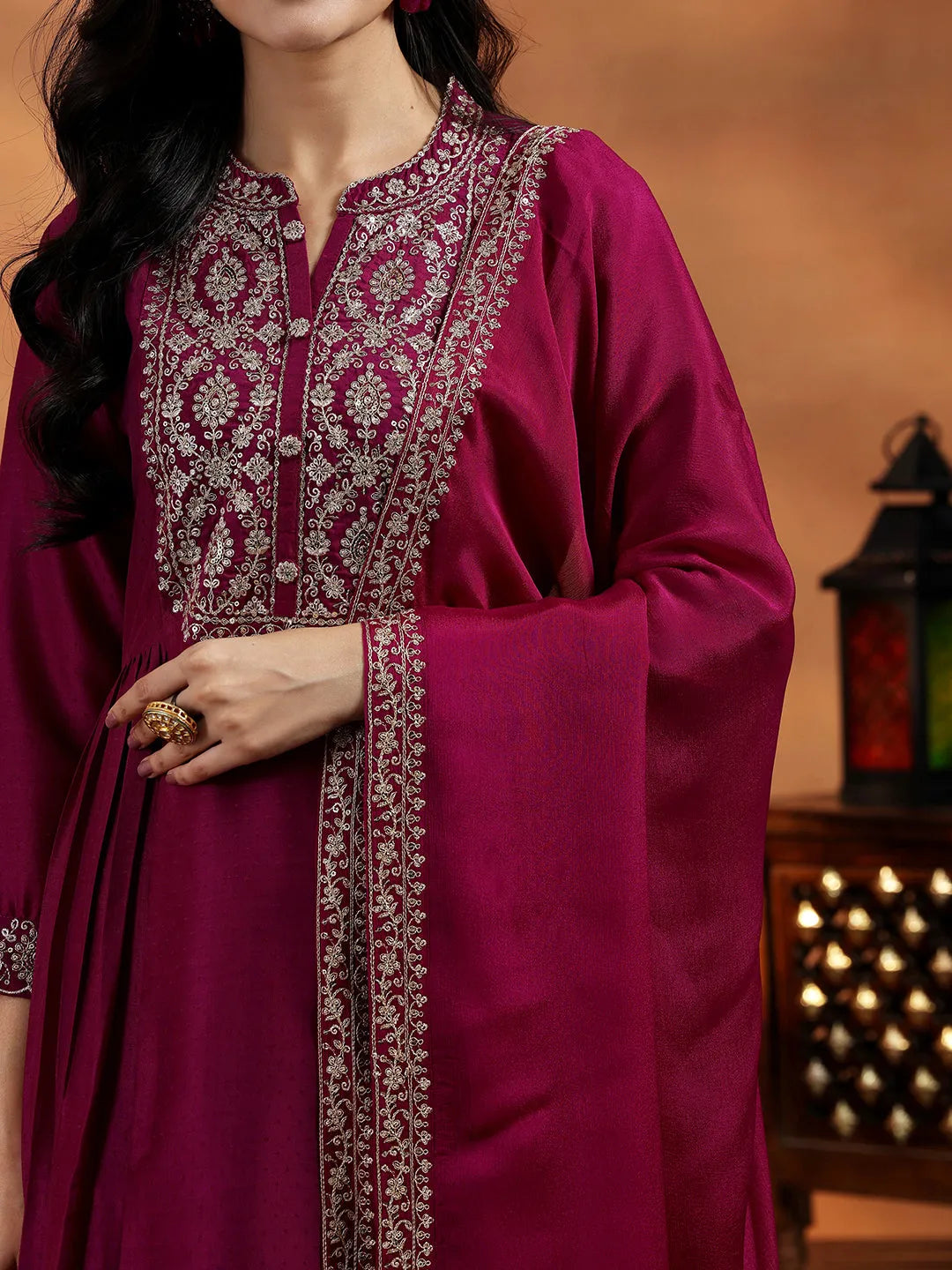Libas Maroon Yoke Design Silk Blend A-Line Kurta With Palazzos & Dupatta