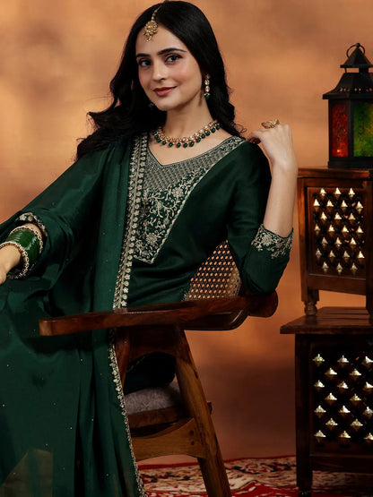 Libas Green Yoke Design Silk Blend Straight Suit With Dupatta