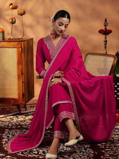 Libas Pink Yoke Design Silk Blend Straight Suit With Dupatta