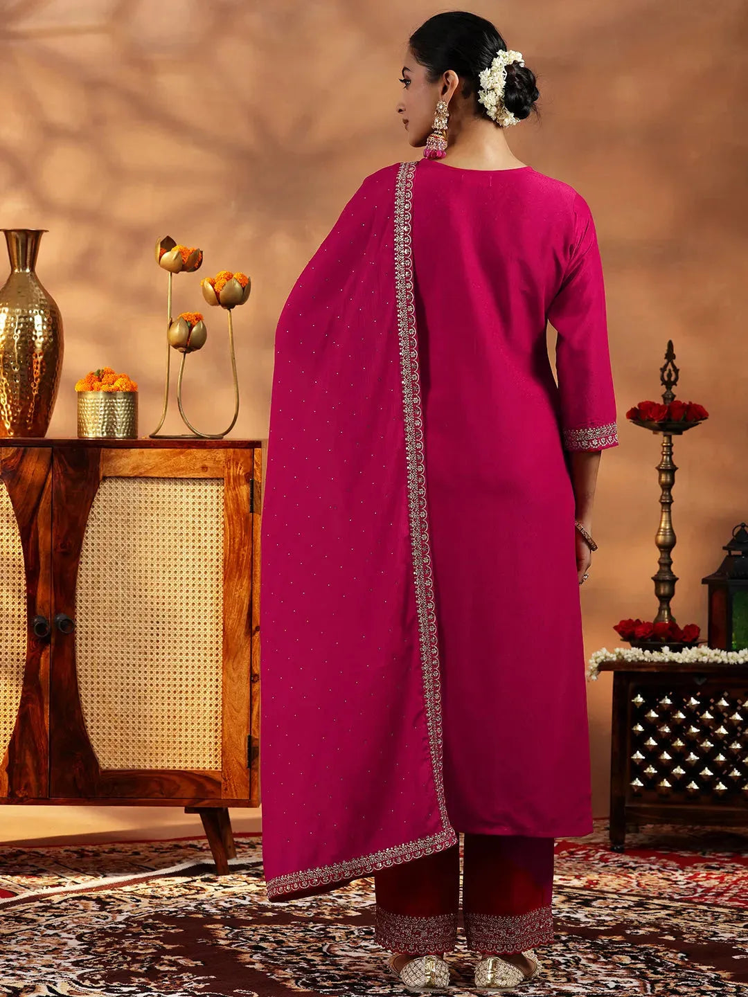 Libas Pink Yoke Design Silk Blend Straight Suit With Dupatta