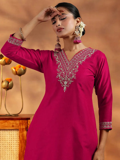 Libas Pink Yoke Design Silk Blend Straight Suit With Dupatta