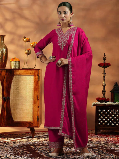Libas Pink Yoke Design Silk Blend Straight Suit With Dupatta