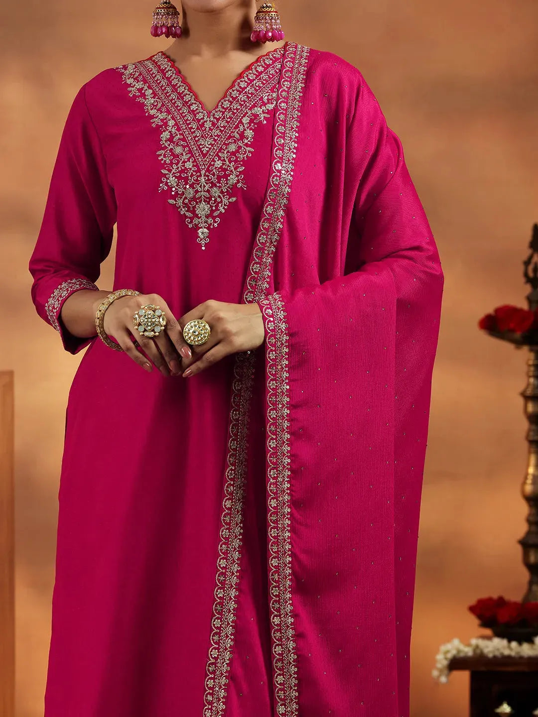Libas Pink Yoke Design Silk Blend Straight Suit With Dupatta