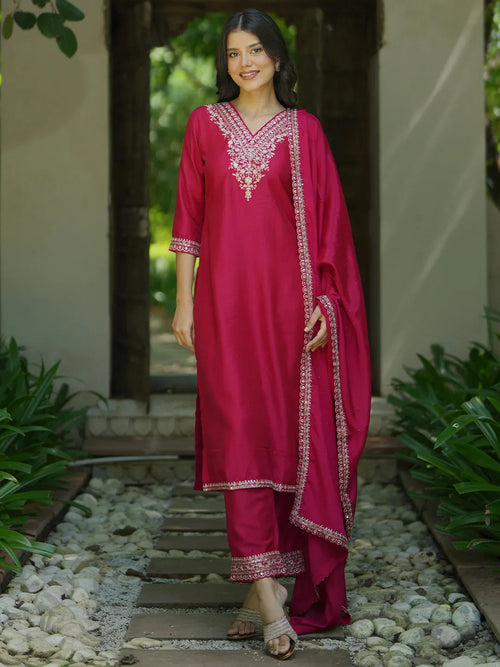 Libas Pink Yoke Design Silk Blend Straight Suit With Dupatta