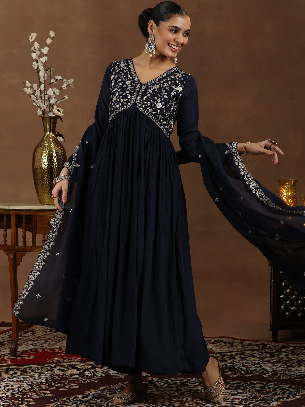 Libas Blue Yoke Design Silk Blend A-Line Kurta With Trousers & Dupatta