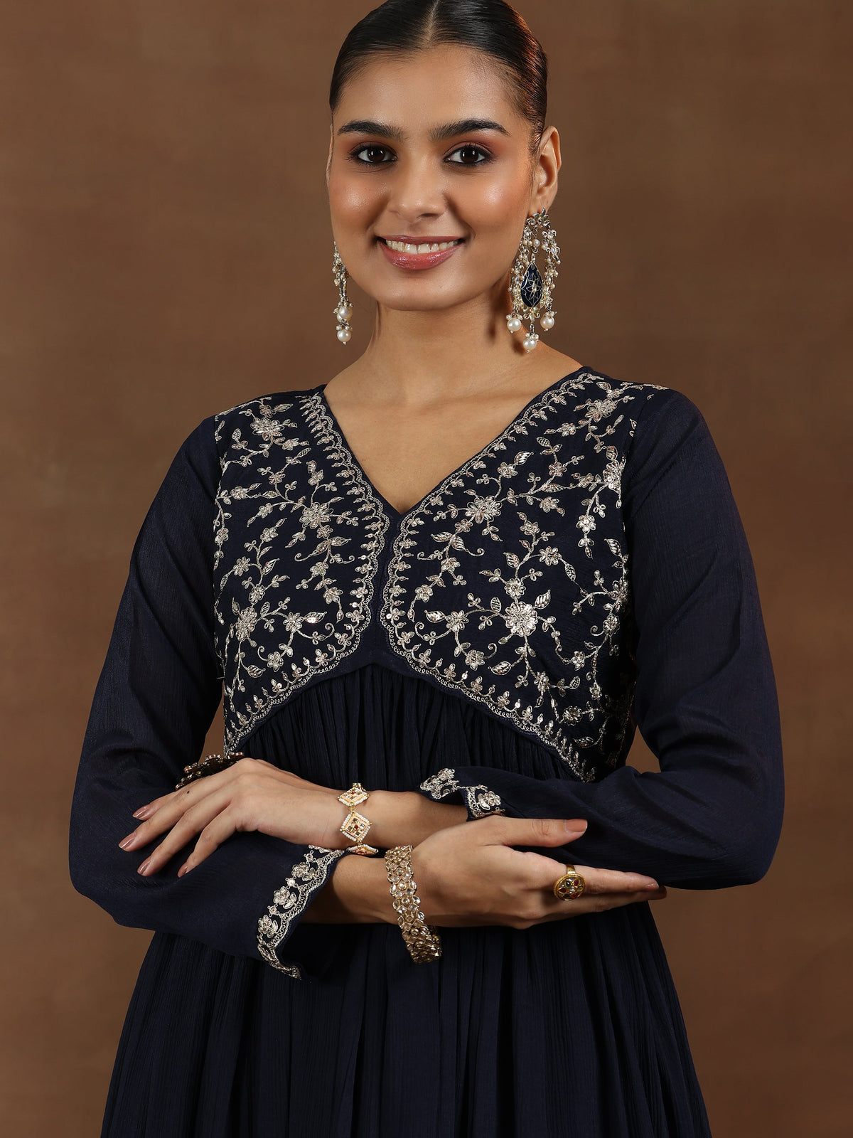 Libas Blue Yoke Design Silk Blend A-Line Kurta With Trousers & Dupatta