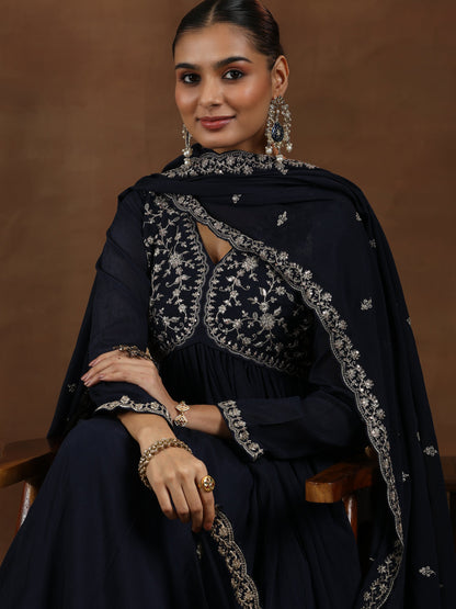 Libas Blue Yoke Design Silk Blend A-Line Kurta With Trousers & Dupatta