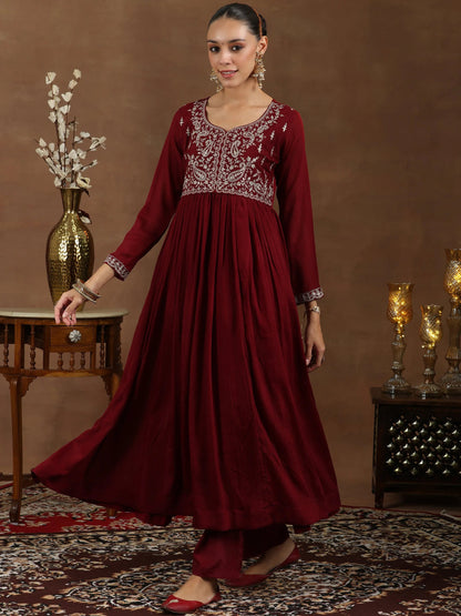 Libas Maroon Yoke Design Silk Blend A-Line Kurta With Trousers & Dupatta