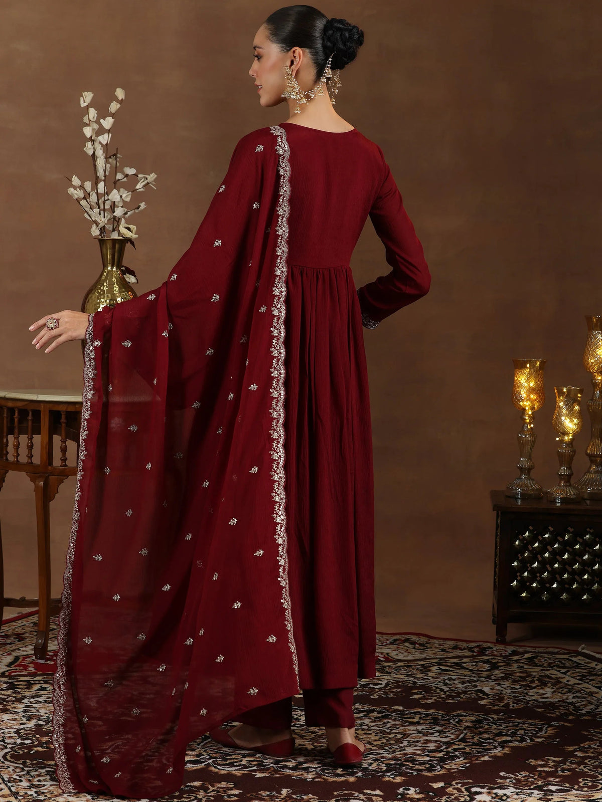 Libas Maroon Yoke Design Silk Blend A-Line Kurta With Trousers & Dupatta
