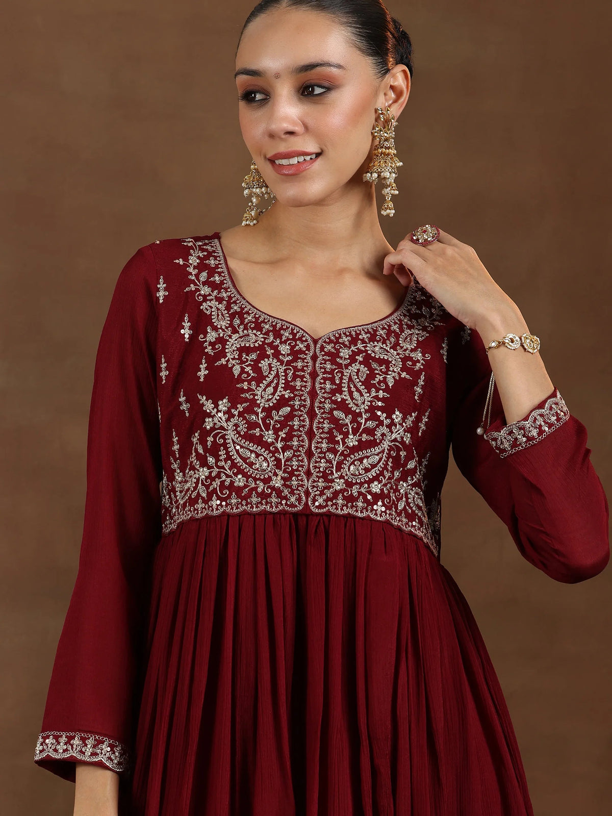 Libas Maroon Yoke Design Silk Blend A-Line Kurta With Trousers & Dupatta