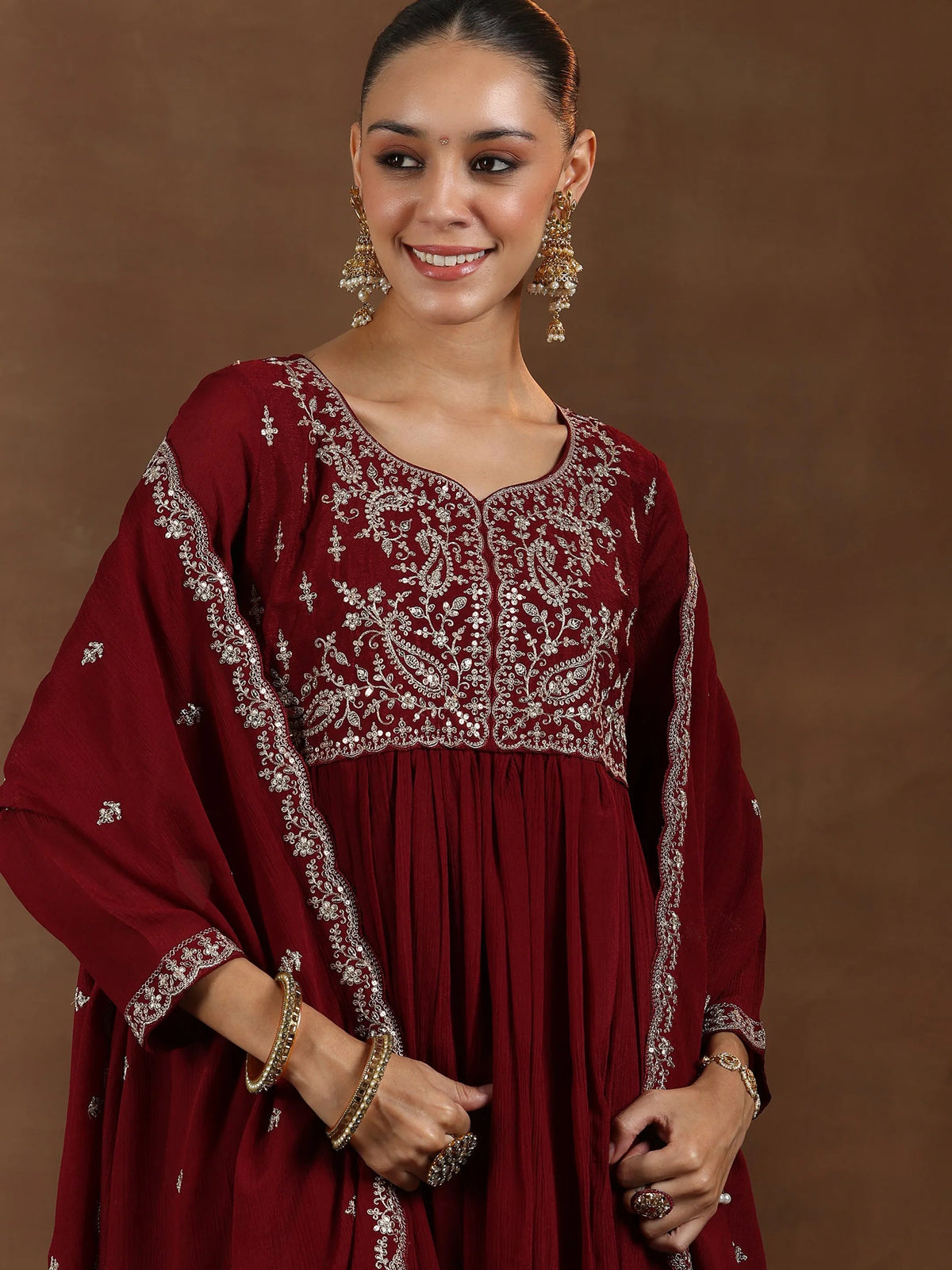 Libas Maroon Yoke Design Silk Blend A-Line Kurta With Trousers & Dupatta