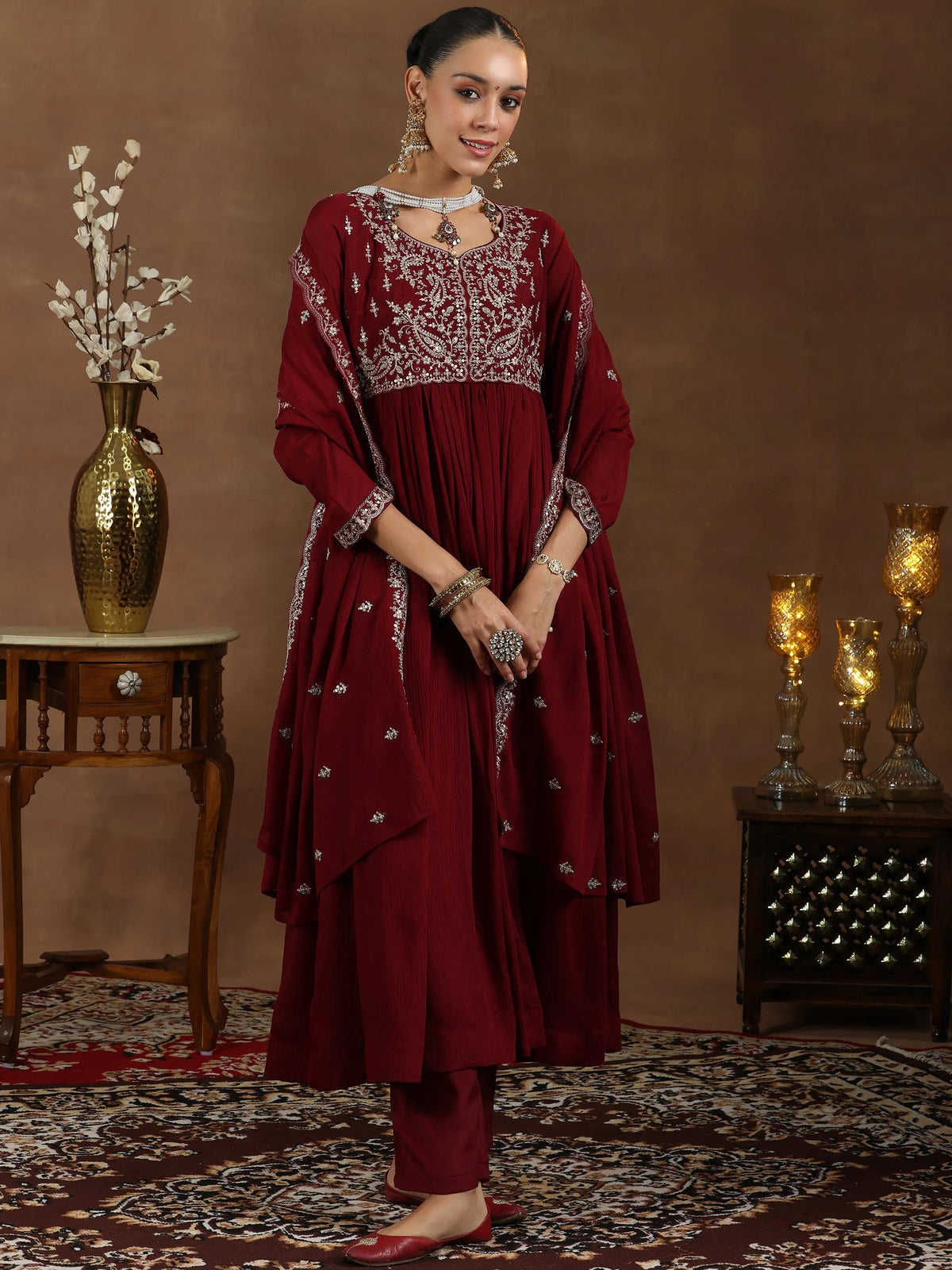 Libas Maroon Yoke Design Silk Blend A-Line Kurta With Trousers & Dupatta