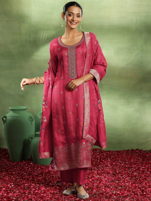 Libas Pink Woven Design Silk Blend Straight Suit With Dupatta