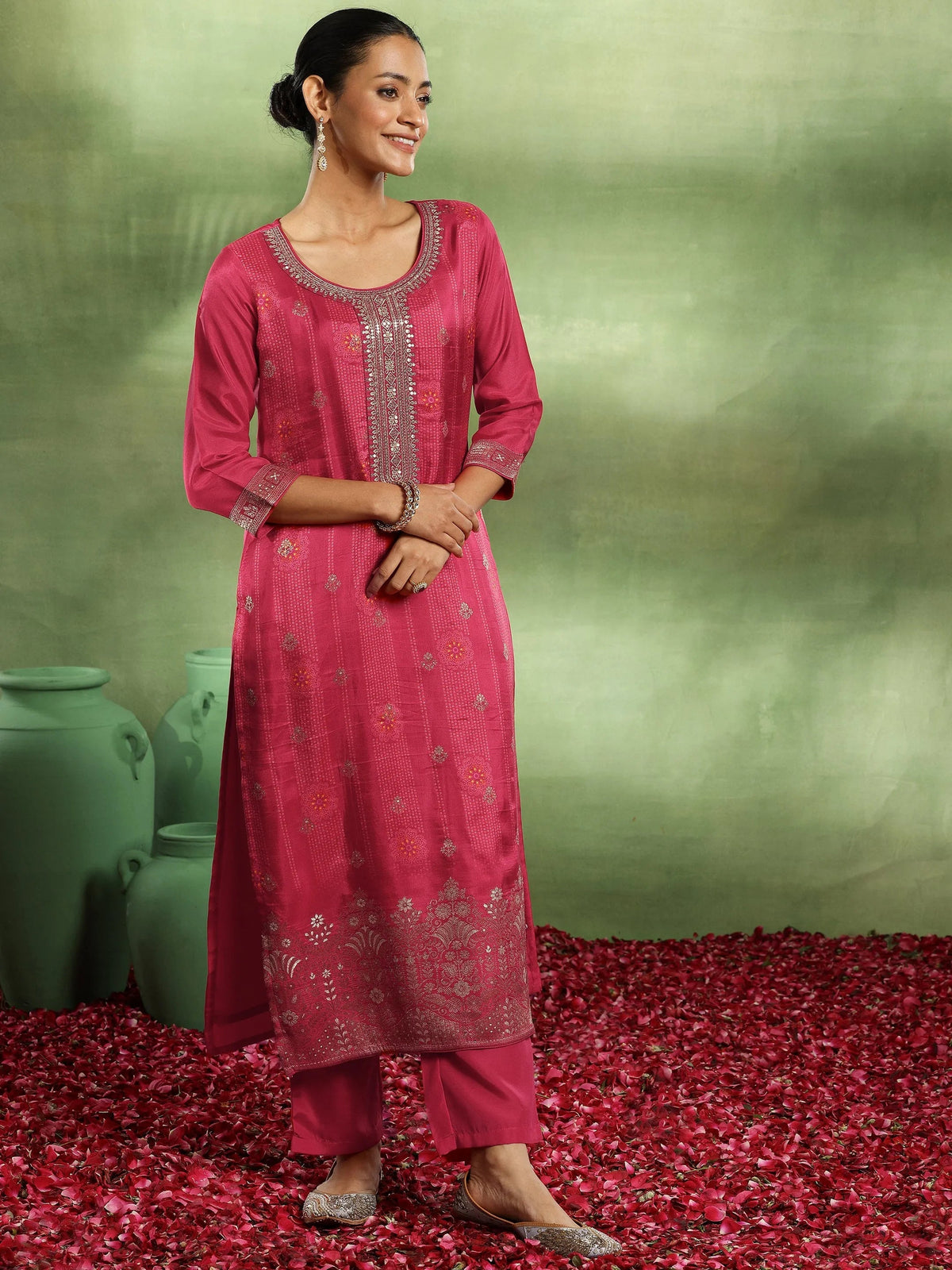 Libas Pink Woven Design Silk Blend Straight Suit With Dupatta