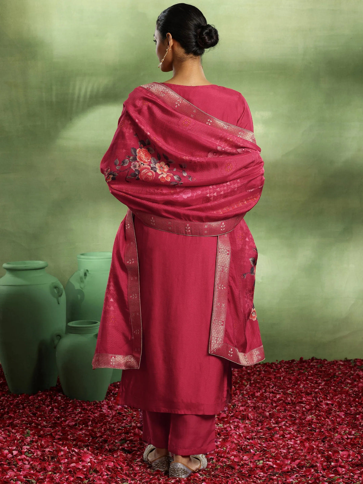 Libas Pink Woven Design Silk Blend Straight Suit With Dupatta