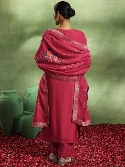 Libas Pink Woven Design Silk Blend Straight Suit With Dupatta