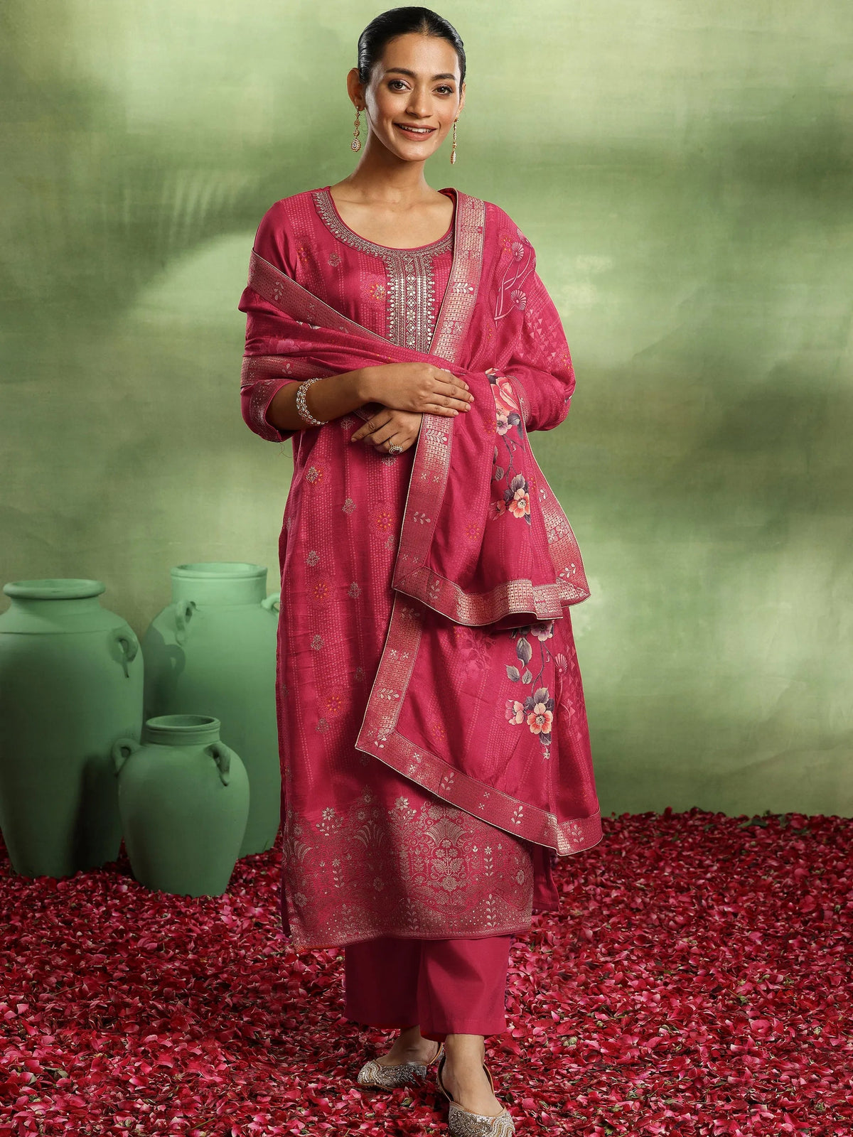 Libas Pink Woven Design Silk Blend Straight Suit With Dupatta