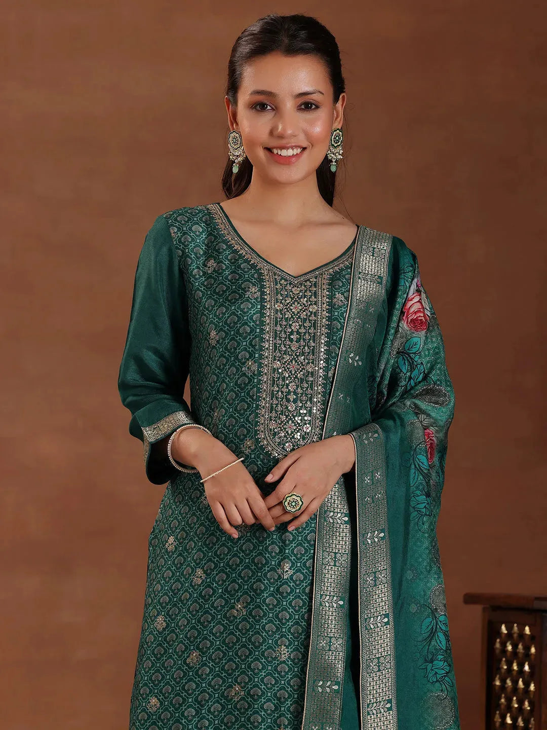 Libas Green Printed Silk Blend Straight Suit With Dupatta