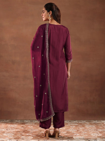 Libas Maroon Woven Design Silk Blend Straight Suit With Dupatta