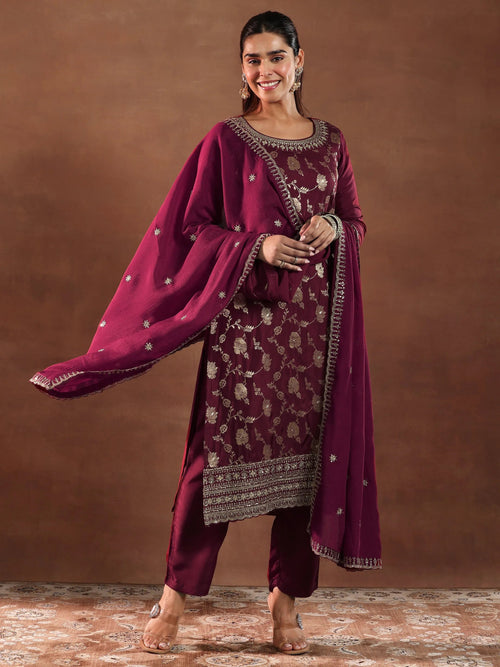 Libas Maroon Woven Design Silk Blend Straight Suit With Dupatta